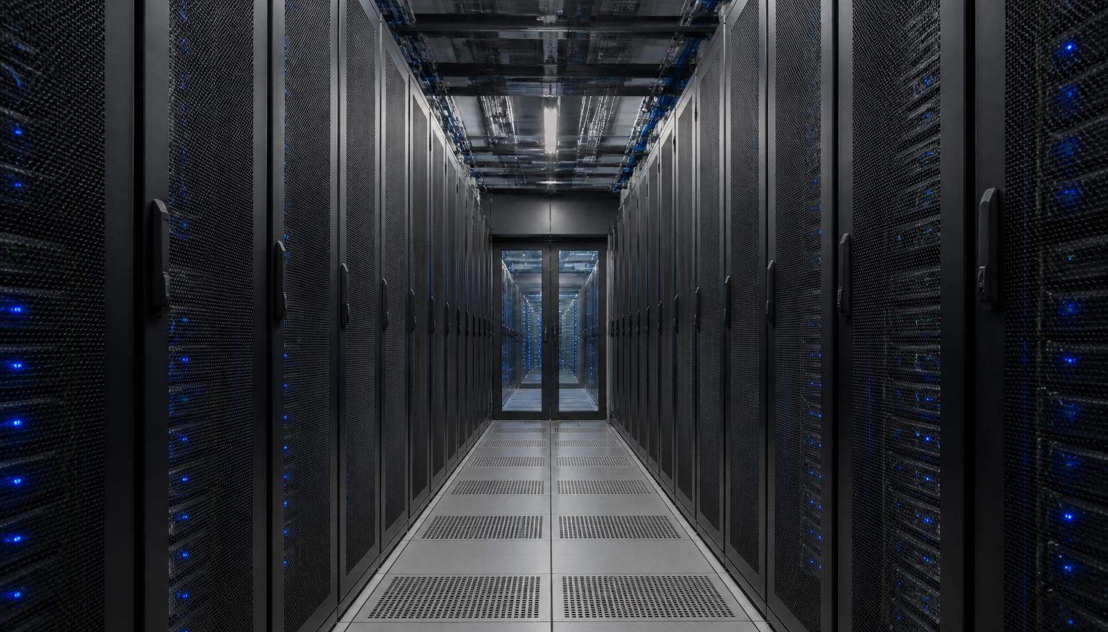 Aisle of server racks in a data centre with status indicator lights