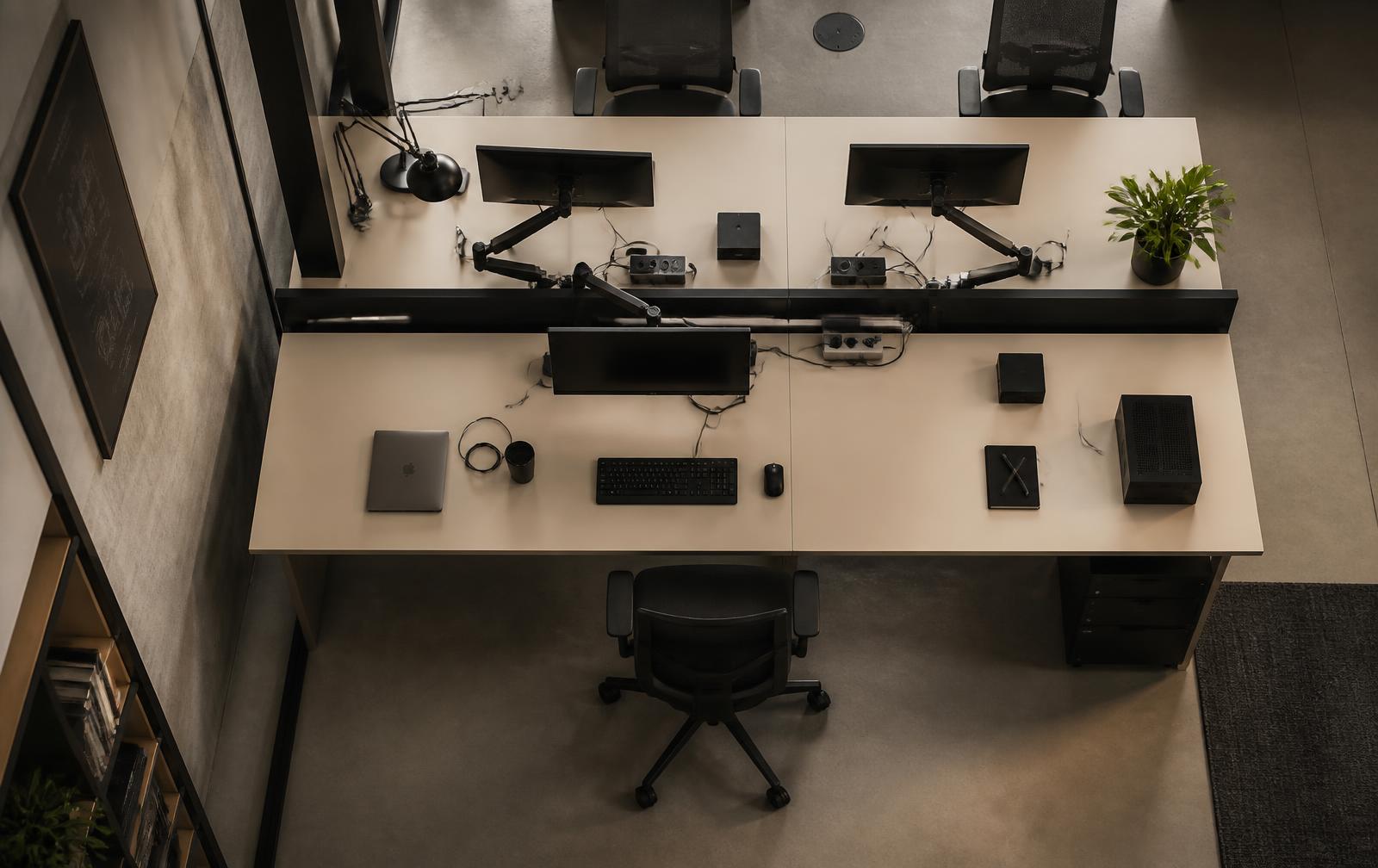 Overhead view of a technology workspace with monitors, keyboards and cabling
