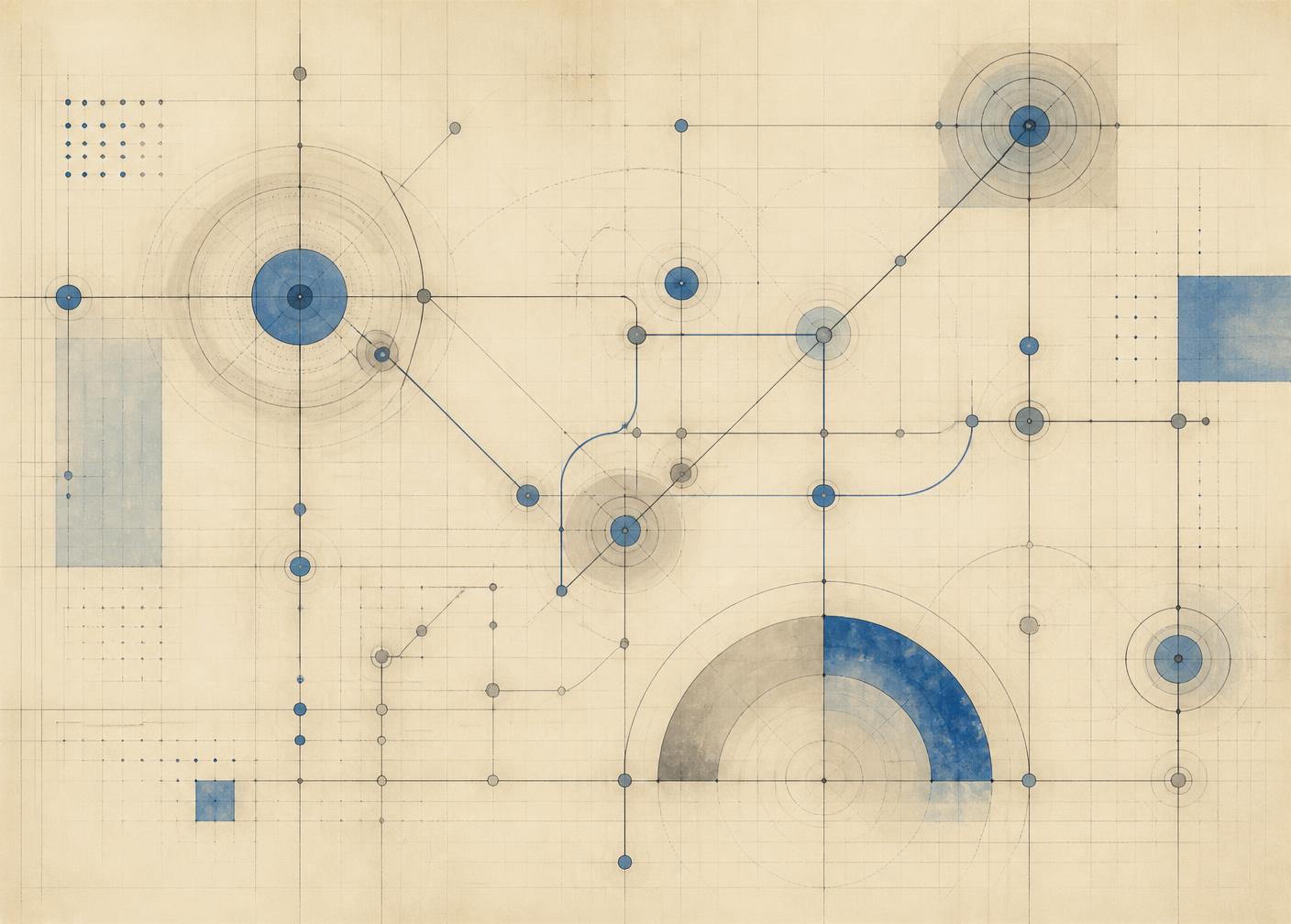 Technical diagram of connected nodes and data paths drawn on grid paper